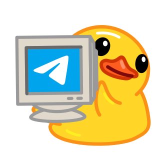 Maskot bebek Telegram memegang monitor berlogo Telegram