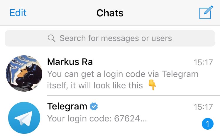 Tampilan daftar obrolan Telegram di iPhone